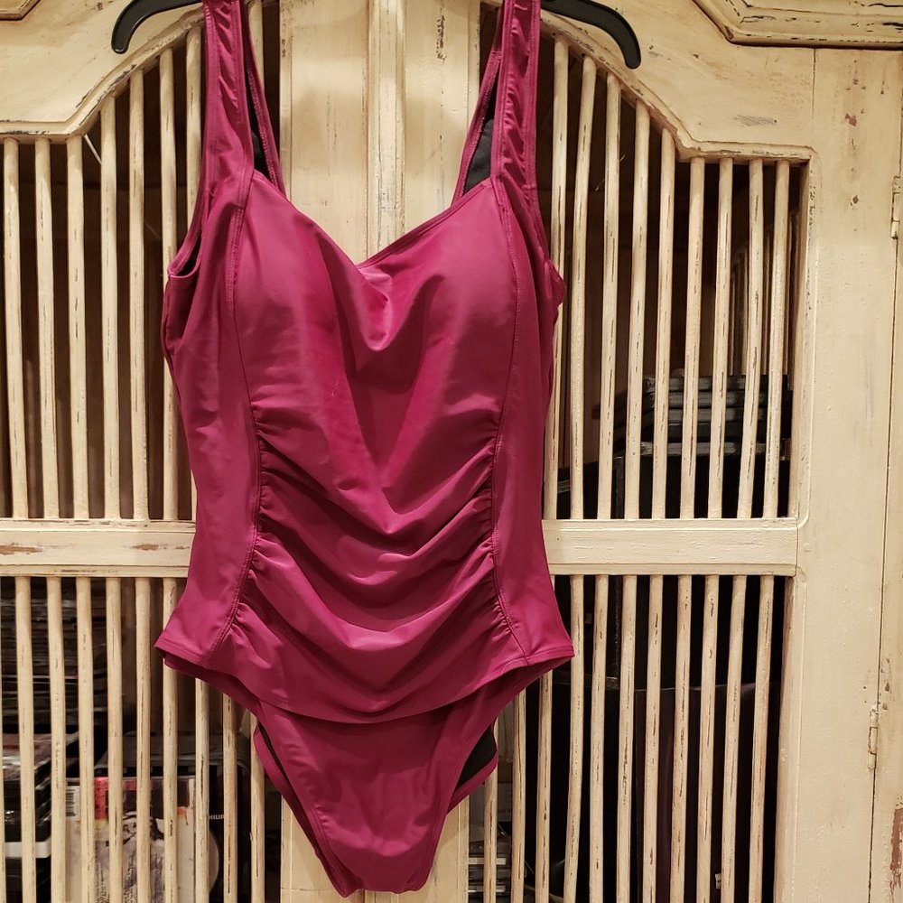 Firpearl Wine Red One Piece Tummy Control Bathing Suit with Ruching